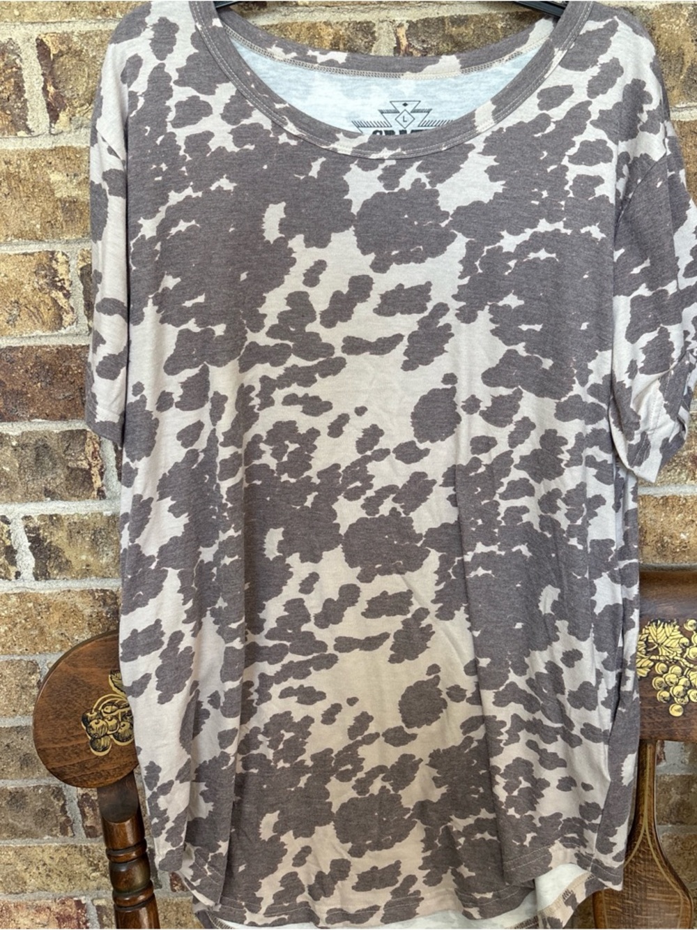 Crazy Train Women’s  Short-Sleeve Crewneck Shirt in Taupe and Beige Cow Print